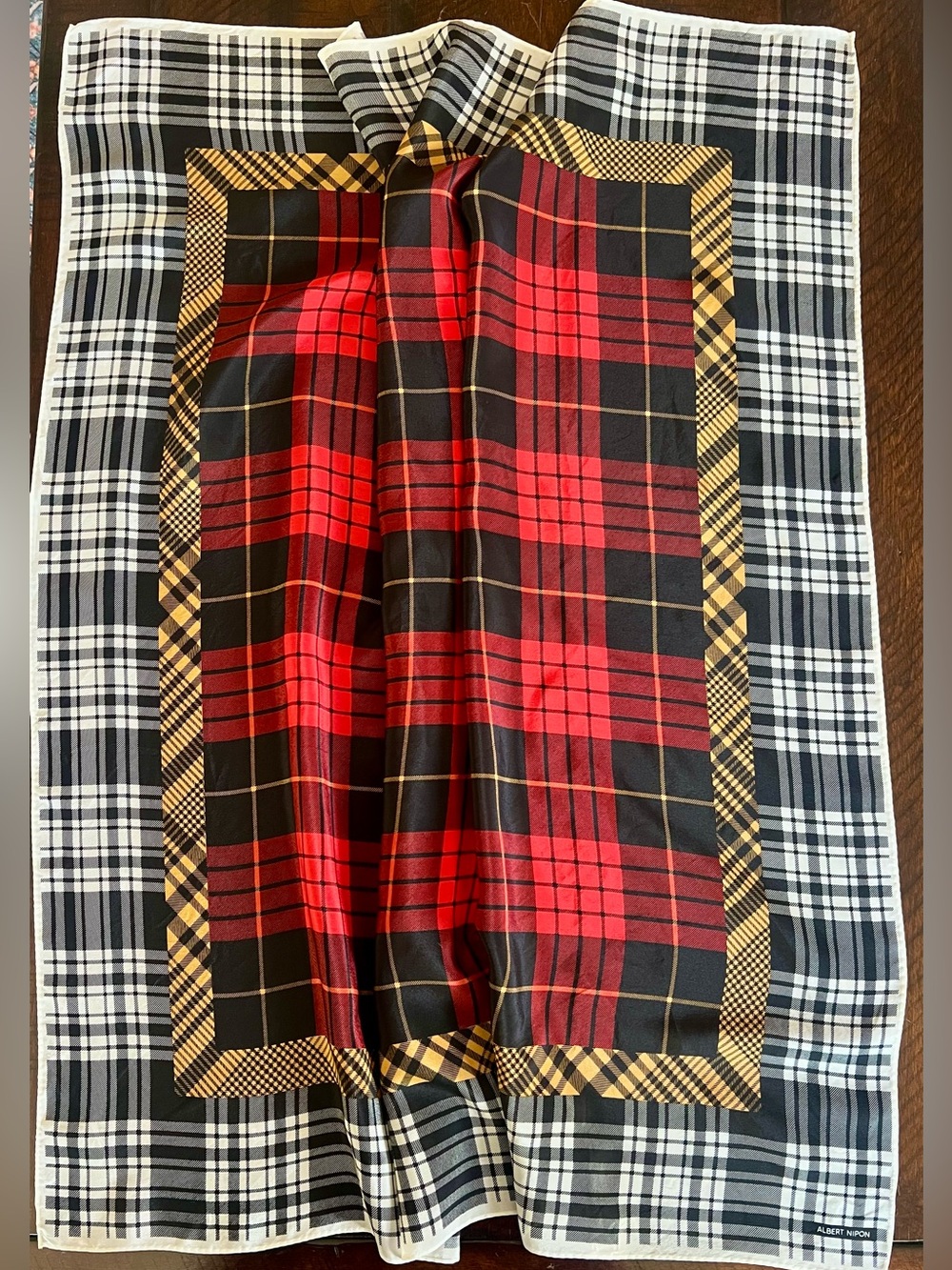 Vintage Albert Nipon Plaid Square Scarf Red Black Tartan 32”